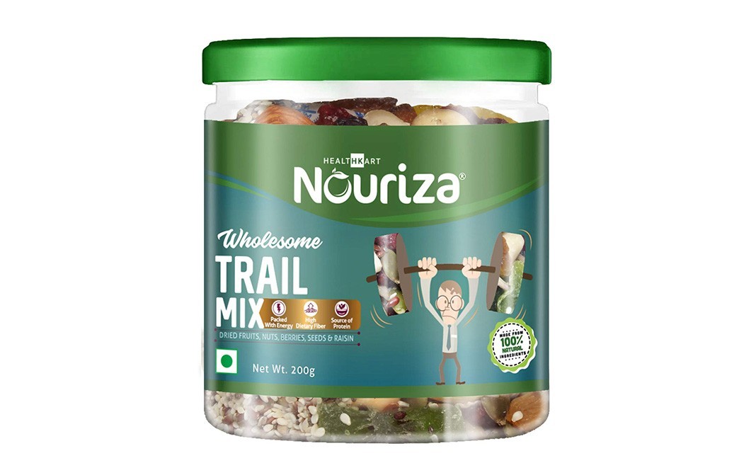 Nouriza Wholesome Trail Mix (Dried Fruits, Nuts, Berries, Seeds & Raisin)   Plastic Jar  200 grams